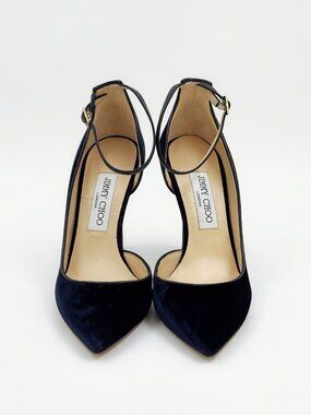 Jimmy Choo Dark Blue Velvet Pointed Toe Ankle Strap Pumps Heels